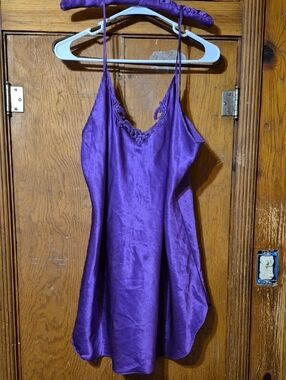 QSecret Treasures Purple Satin Lace-Trim Chemise With Hanger